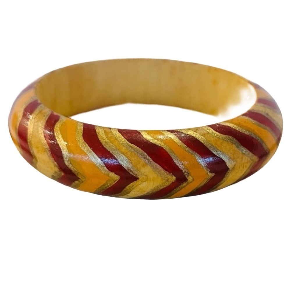 Vintage 80s Foxy Chevron Wooden Bangle - Burgundy and Gold